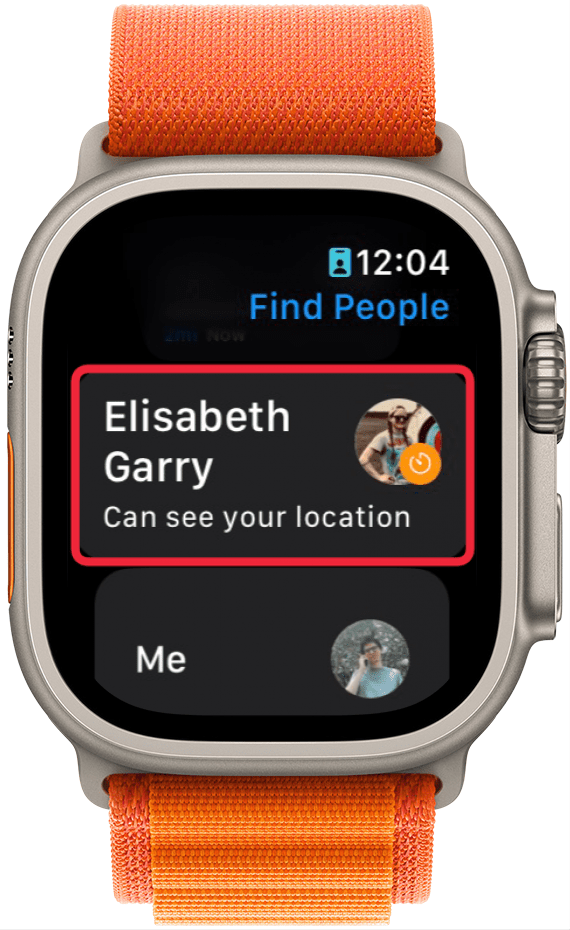 apple watch find people screen with a red box around a contact who can currently see the user's location