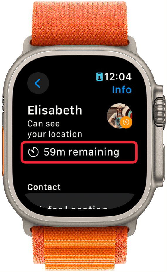 apple watch find people contact details displaying that the contact can see your location for 59 minutes