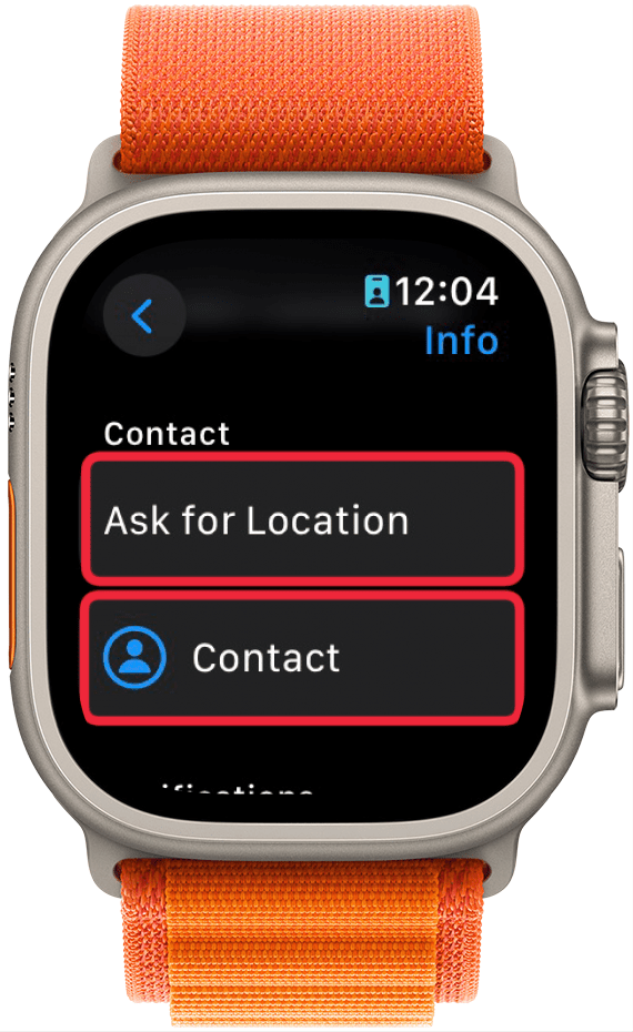 apple watch find people contact details with a red box around the Ask for Location and Contact buttons