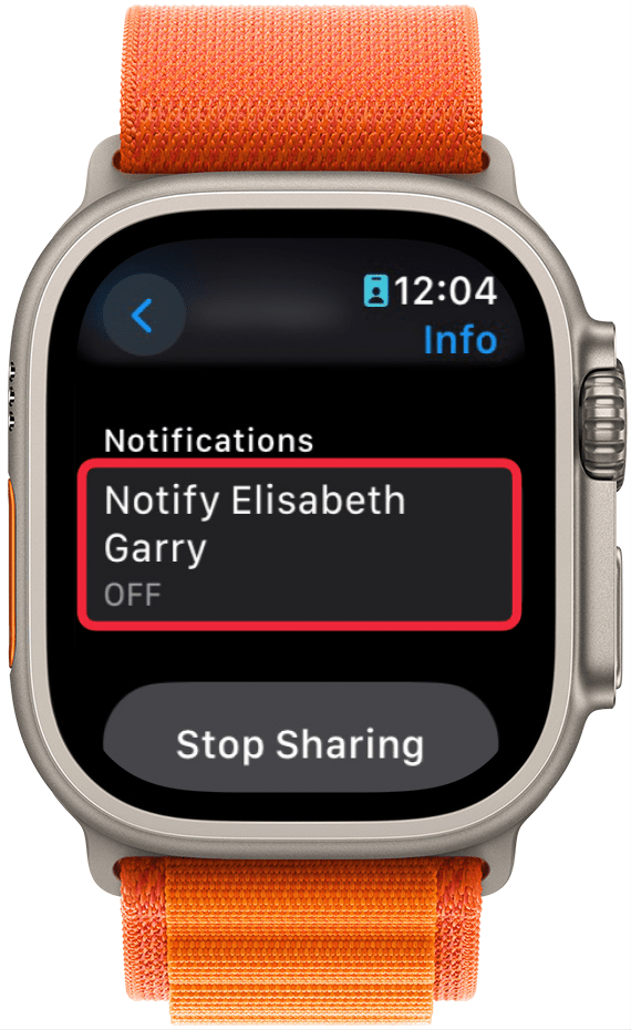 apple watch find people contact details with a red box around notifications button