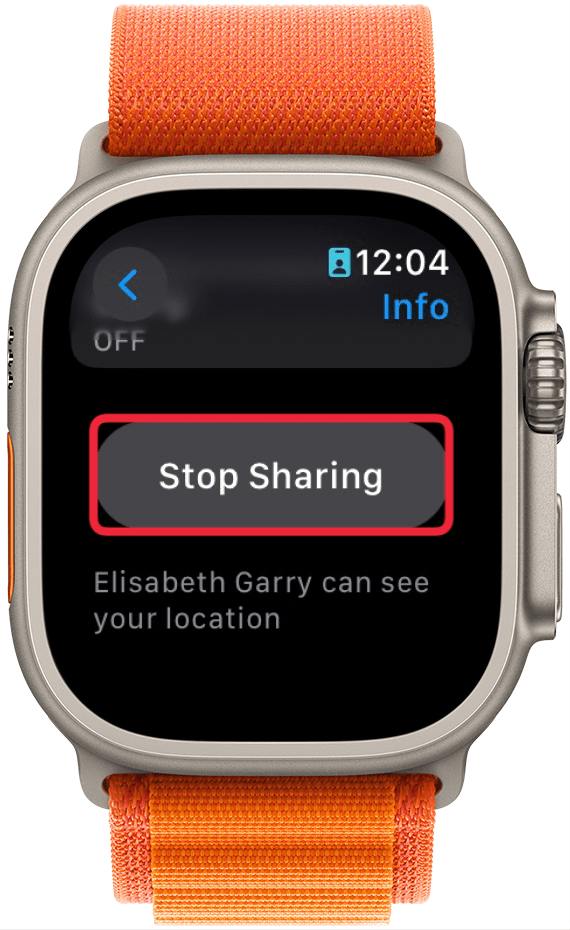 apple watch find people contact details with a red box around stop sharing button