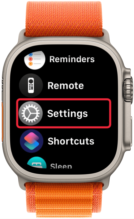 apple watch app list with a red box around the settings app