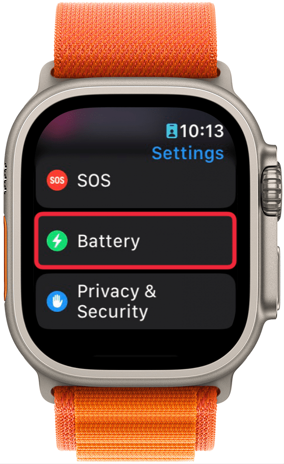 apple watch settings app with a red box around battery