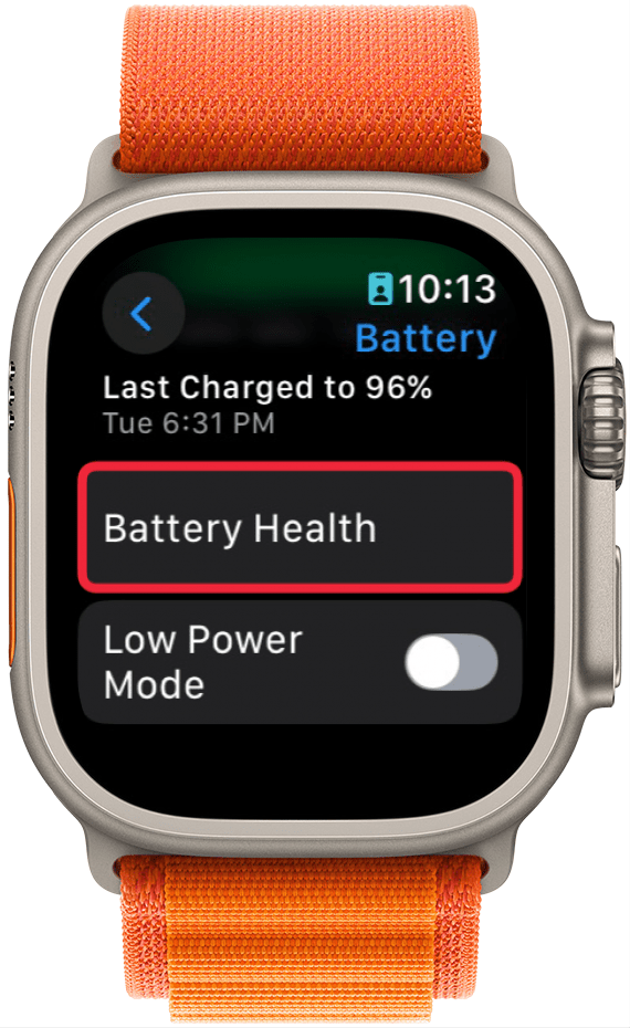 apple watch battery settings with a red box around battery health