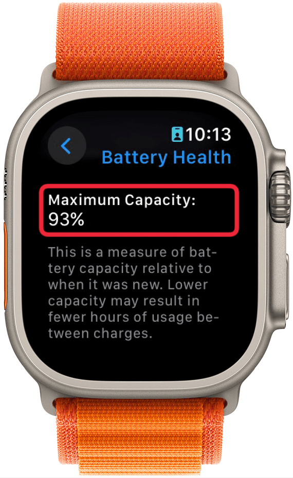 apple watch battery health screen displaying a maximum capacity of 93%