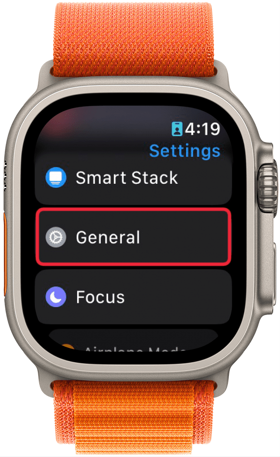 apple watch settings app with a red box around general