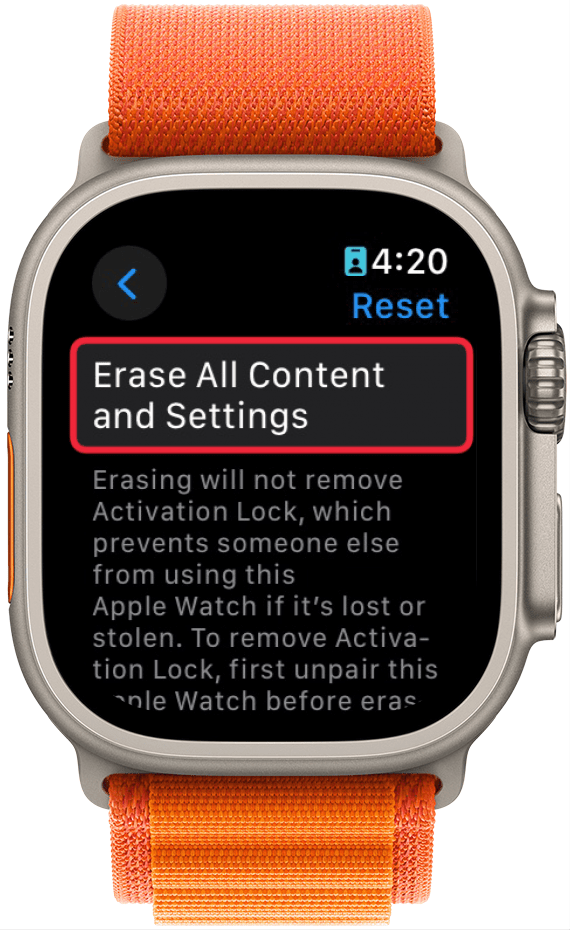 apple watch reset menu with a red box around erase all content and settings