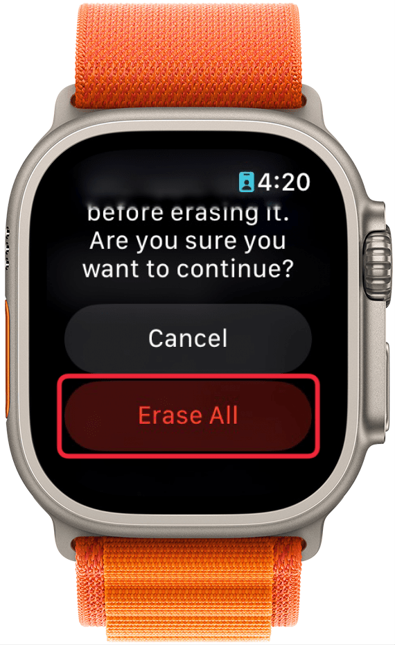 apple watch erase content and settings menu with a red box around erase all