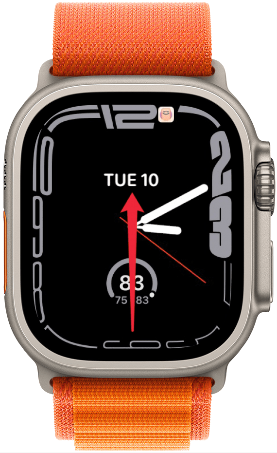 apple watch face with a red arrow pointing upwards, indicating to swipe up