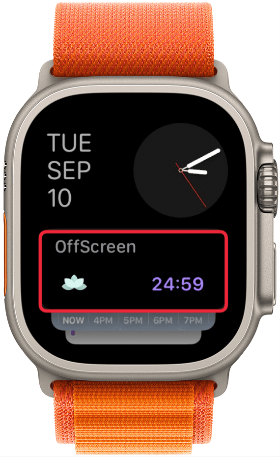 apple watch smart stacks with a red box around a live activity for OffScreen, which is displaying a 24 minutes and 59 second timer