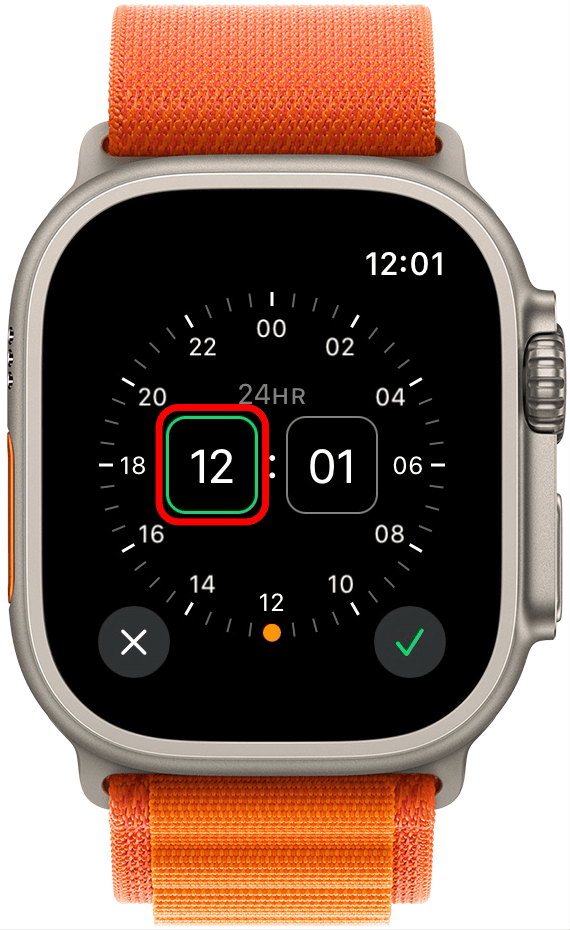 If it's not already outlined in green, tap the hours box and then turn the Digital Crown to set the alarm hour.