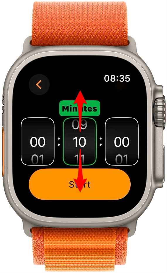 Swipe up and down or turn the Digital Crown to adjust the time.