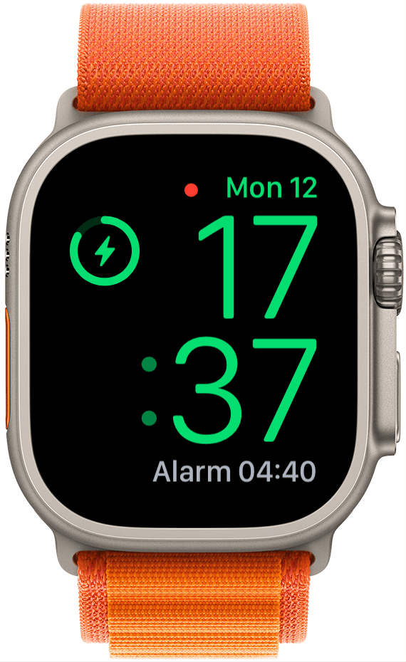 Apple Watch Shows Time in Green and Charge Symbol