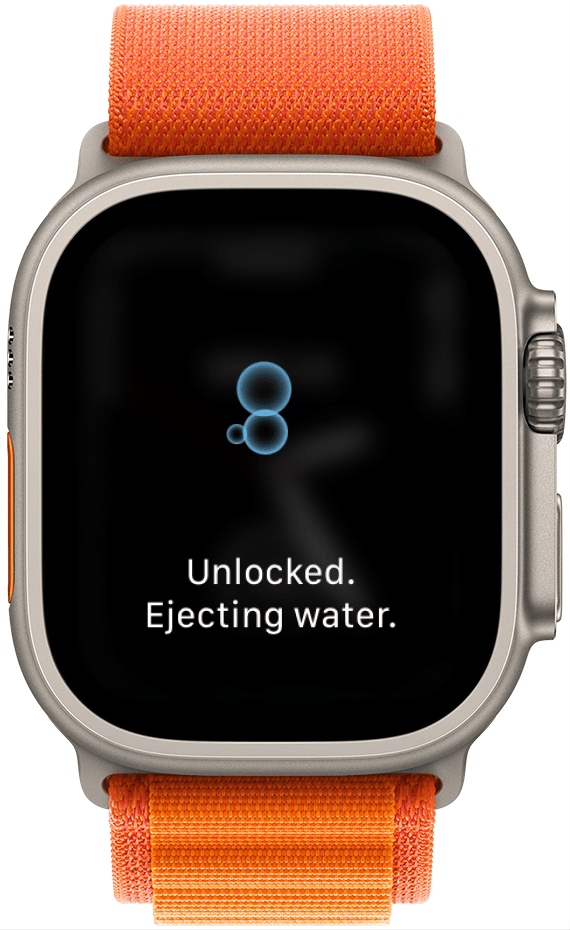 apple watch water lock displaying text which reads, "Unlocked. Ejecting water."