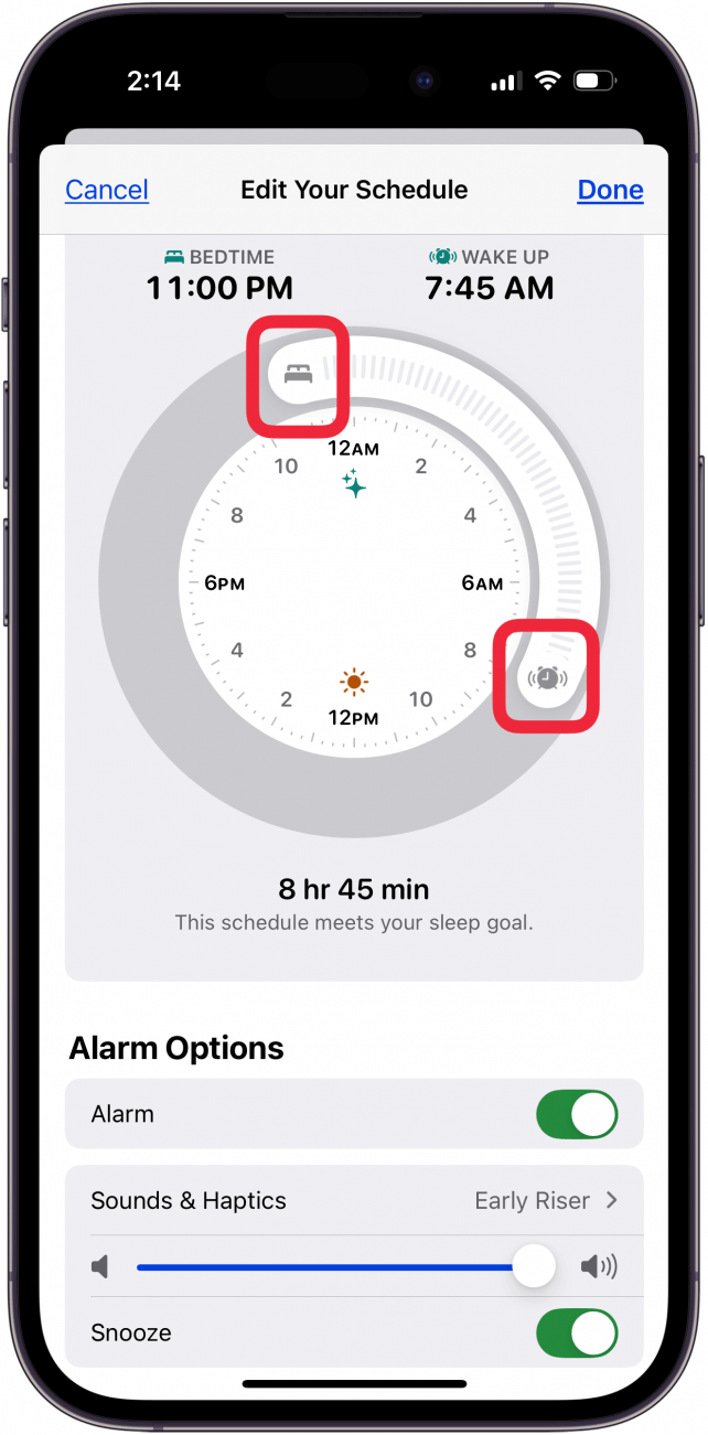 adjust bedtime and wakeup sliders