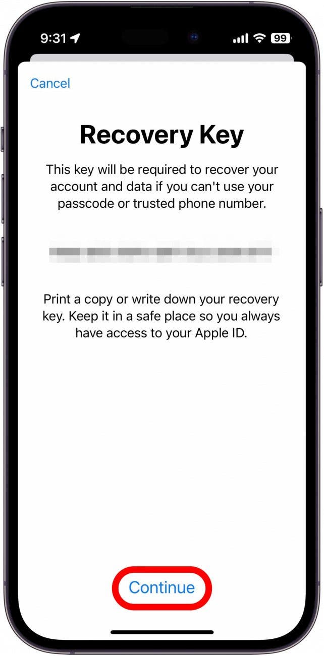 After you enter your iPhone passcode, your Recovery Key will be displayed. Write this down and keep it in a secure place, as you will need this key to get back into your Apple account if you lose your password. Tap Continue once you have written it down.