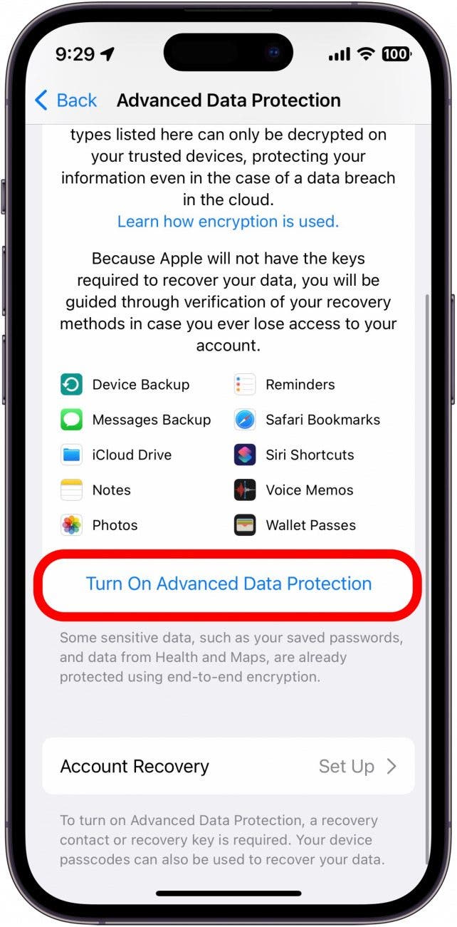 Tap Turn on Advanced Data Protection.