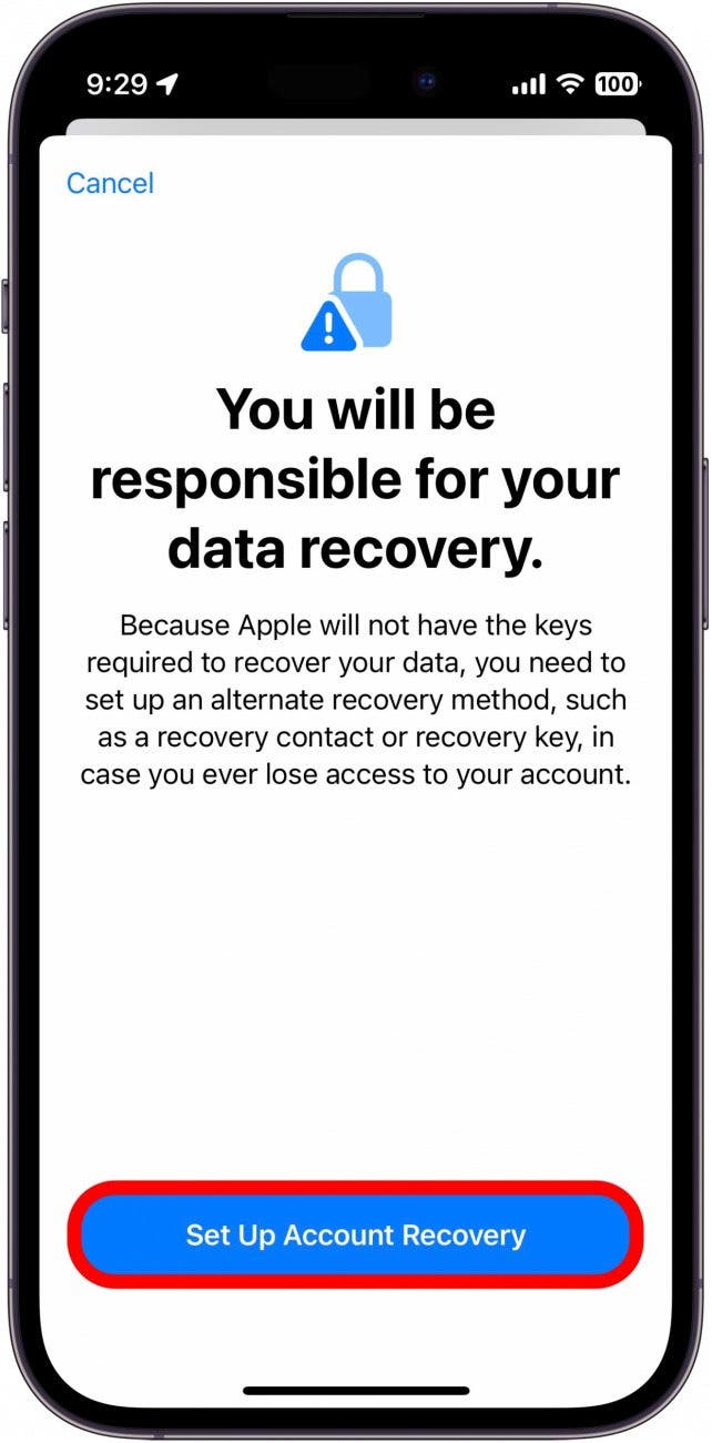 If you haven’t set up Account Recovery, you will be prompted to now. Tap Set Up Account Recovery.