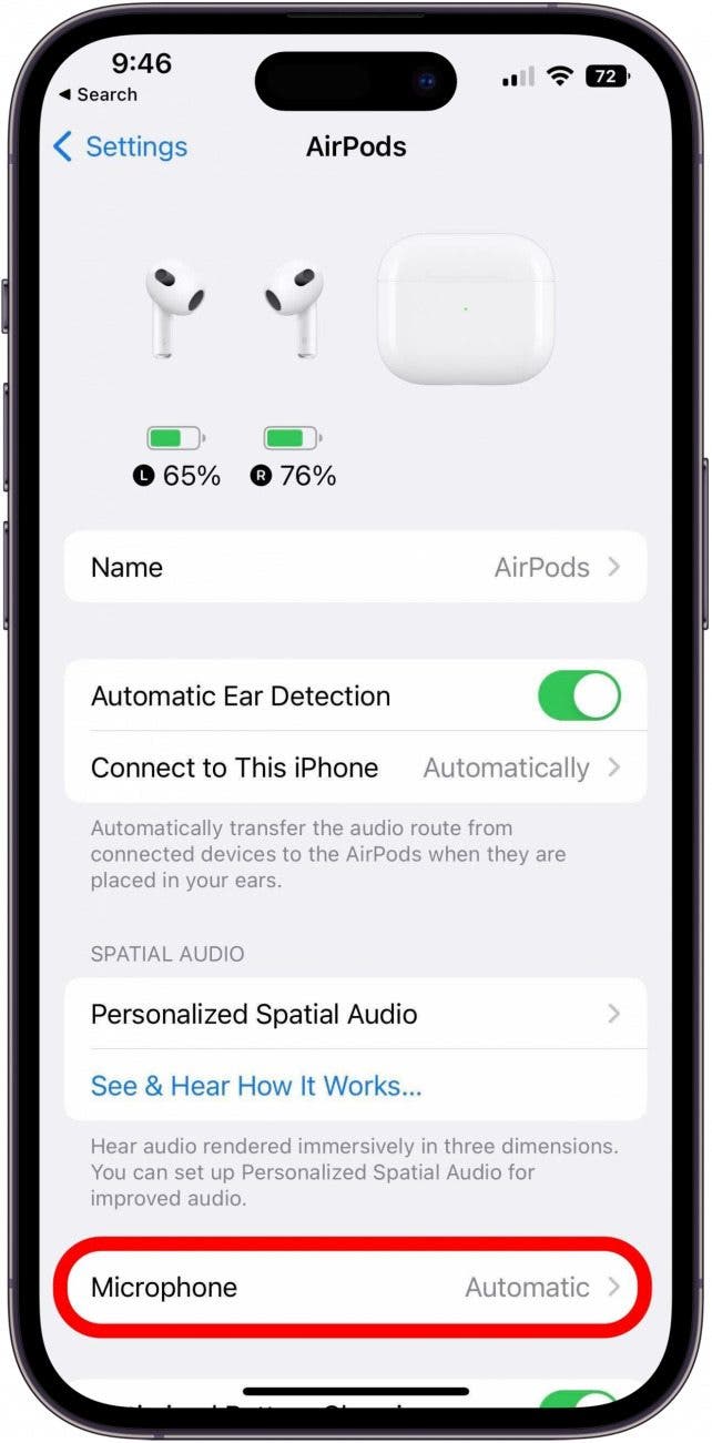 AirPods Settings screen with Microphone option marked.