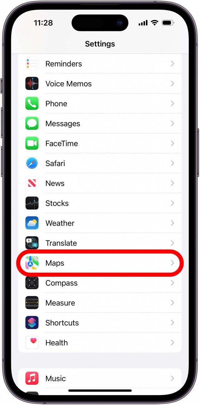 iPhone settings app with maps option circled in red