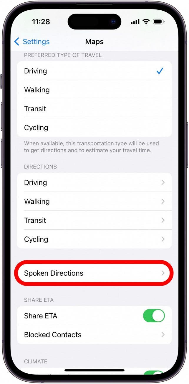 iphone maps settings menu with Spoken Directions circled in red