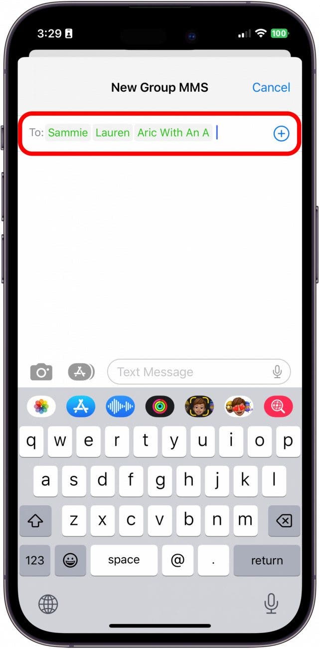 Enter the names of the contacts you want to add, including the Android users, or you can tap the + icon to look for them in your Contacts list. You will notice the Group will change from "New iMessage" to "New Group MMS," and the numbers or contacts will be green instead of blue.