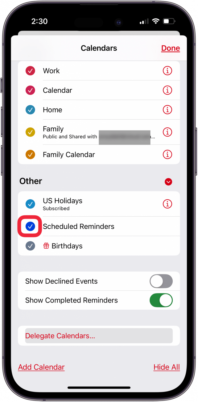 deselect scheduled reminders