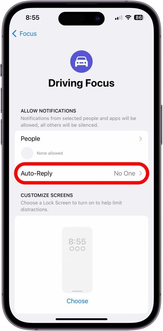 Driving Focus screen with the Auto-Reply option marked.