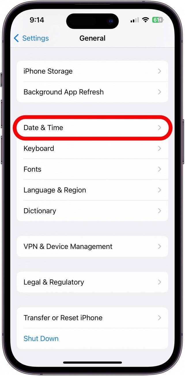 Settings app with General screen open and Date & Time marked.