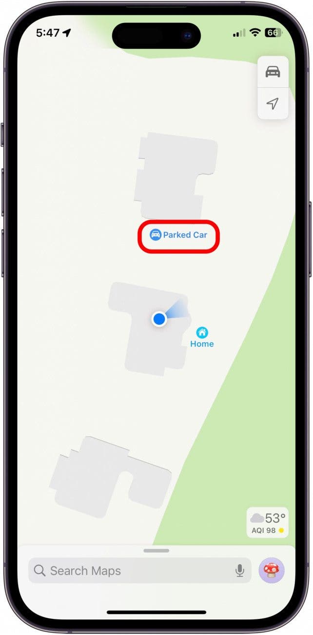 A blue pin will show you where your car is parked.