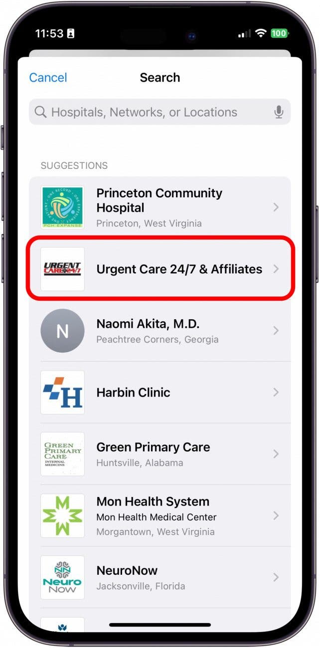 Select the hospital, clinic, doctor, or doctor’s office you’d like to share your health data with. Do note that not all doctor’s offices or hospitals have this feature enabled, so you may not find yours listed. 