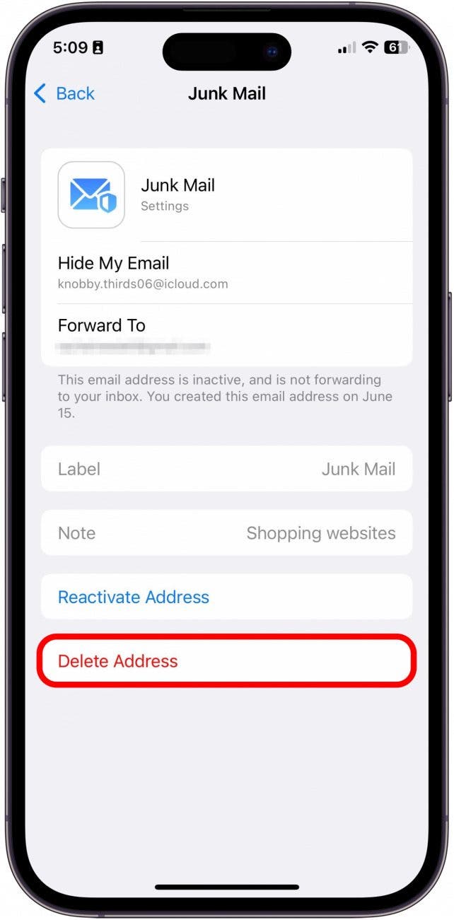 Tap Delete Address, or, if you'd like to use this address again, you can tap Reactivate Address.