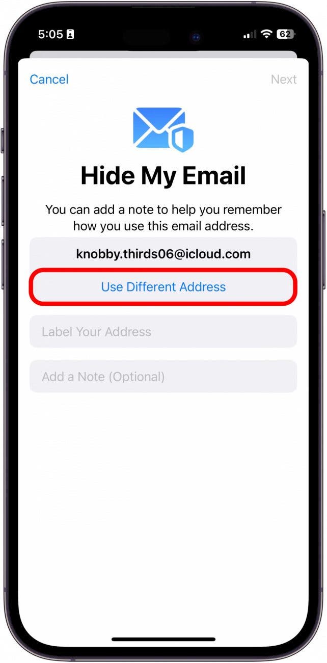 A random auto-generated email will pop up and you can either tap Use Different Address to generate a new one or tap Continue.