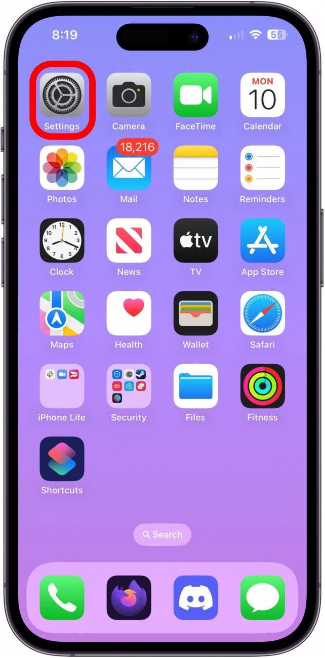 Home Screen with Settings app icon marked.