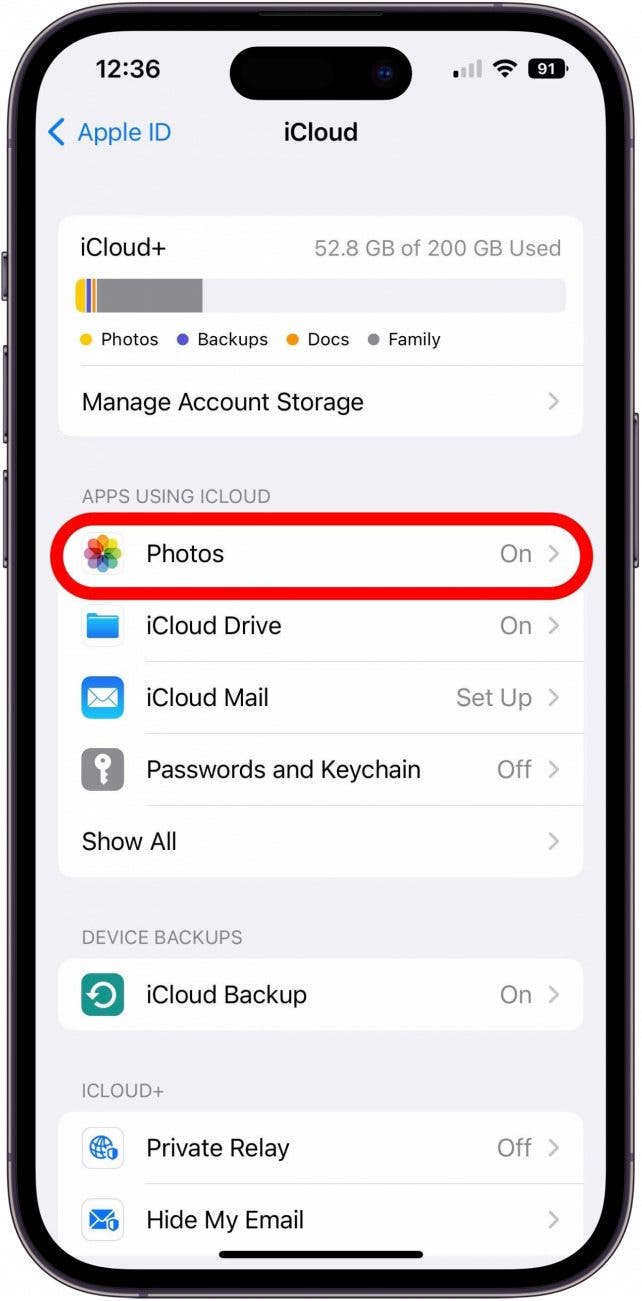 iCloud Settings screen with the Photos option marked.