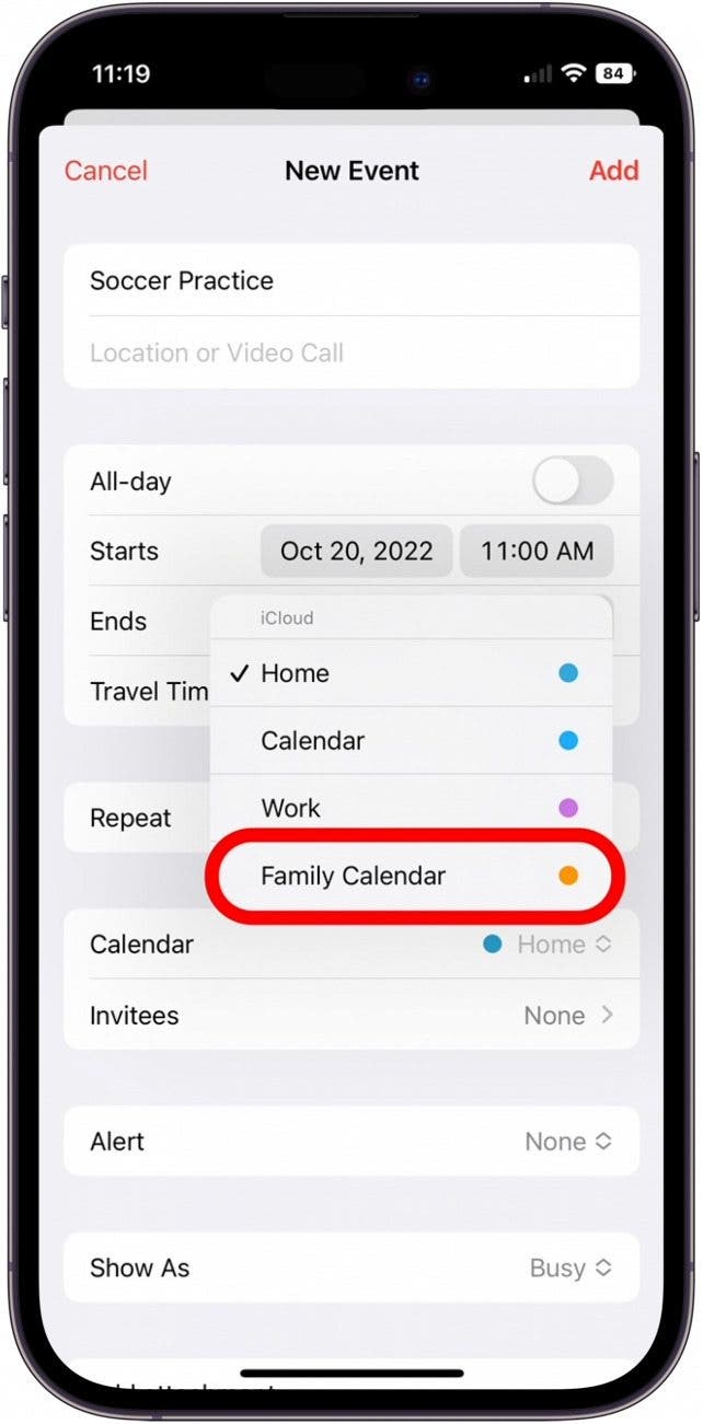 tap the name of your sharing calendar on iphone to add event to shared calendar