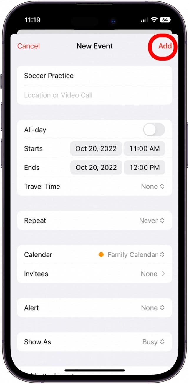 tap add to add event to apple family calendar