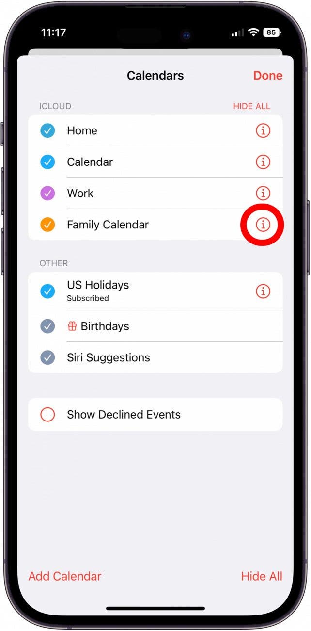 tap info icon next to new apple family calendar