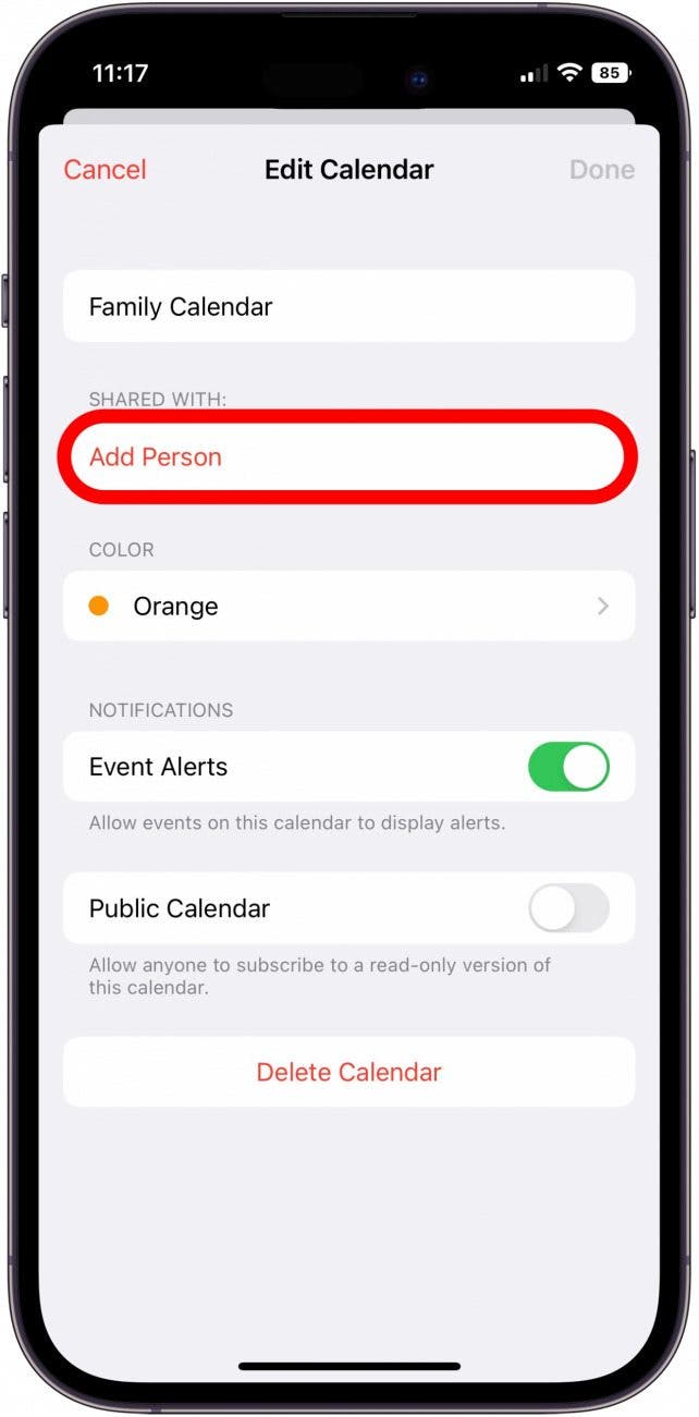 tap add person to share apple shared calendar