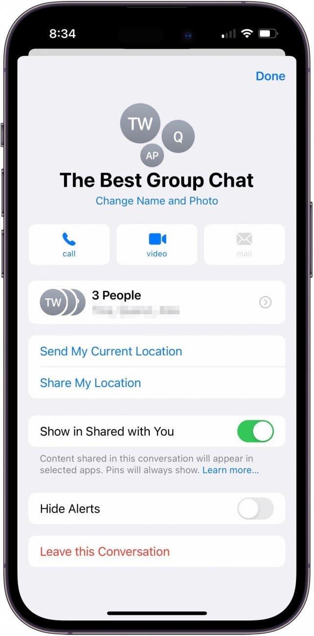 iMessage settings screen for a group chat