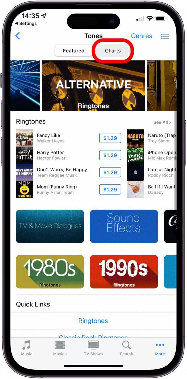 You can also tap the Charts tab to see the most popular tones.