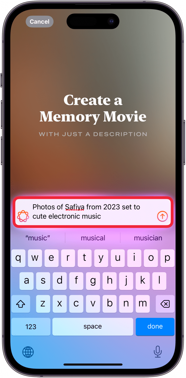 iphone create a memory movie screen displaying an apple intelligence box with a description for a memory