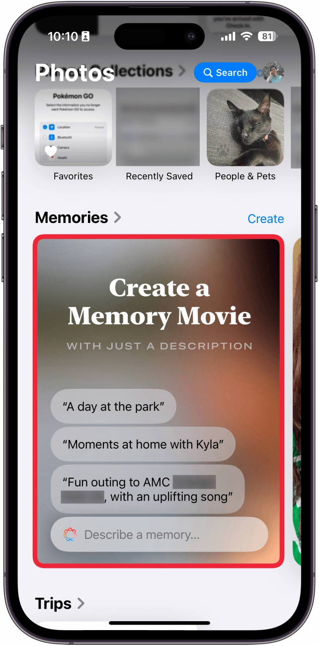 iphone photos app memories section displaying suggestions for a memory video and a red box around memory creation box