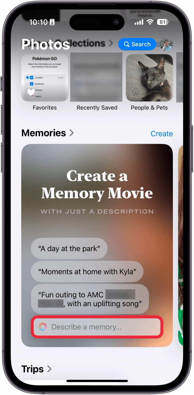 iphone photos app memories section displaying suggestions for a memory video and a red box around the describe a memory button