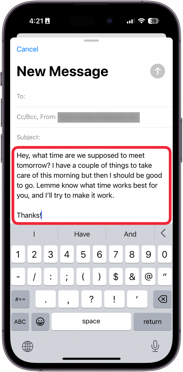 iphone mail app, new email screen with a red box around a message