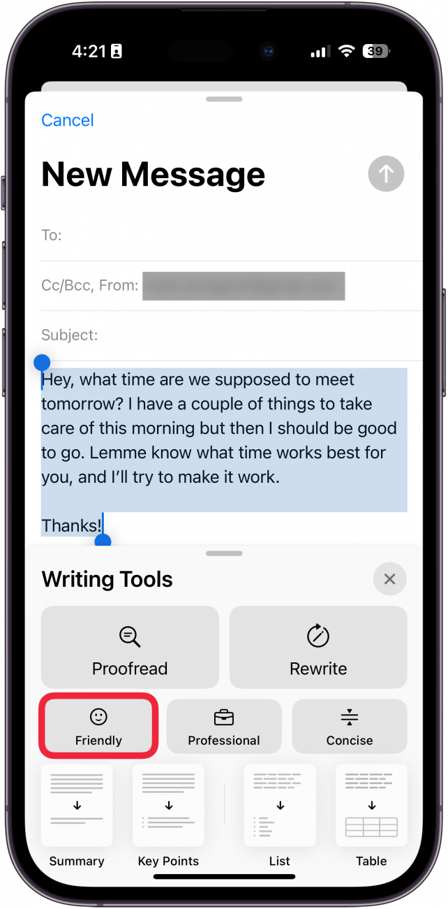 iphone mail app, new email screen displaying writing tools menu with a red box around friendly