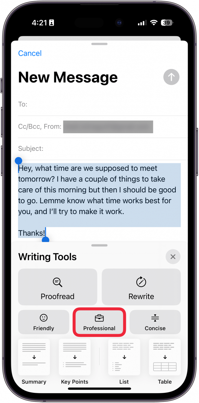 iphone mail app, new email screen displaying writing tools menu with a red box around professional