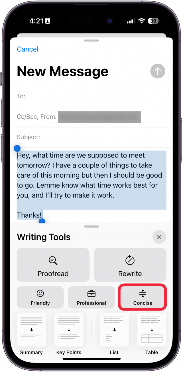 iphone mail app, new email screen displaying writing tools menu with a red box around concise