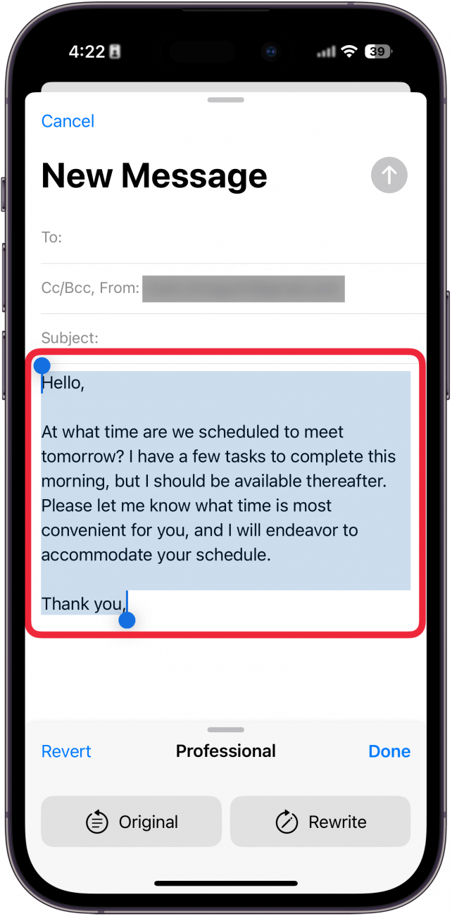 iphone mail app, new email screen displaying professional writing tools menu with a red box around rewritten text that now reads more professionally