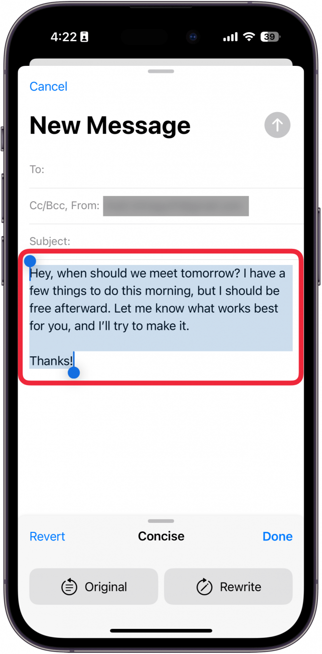 iphone mail app, new email screen displaying concise writing tools menu with a red box around rewritten text that now reads more concise